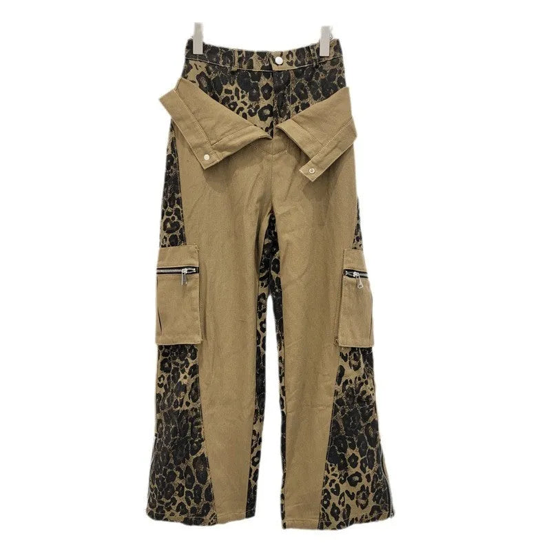 Dark khaki leopard print high waist jeans with tooling style stitching and straight leg cut