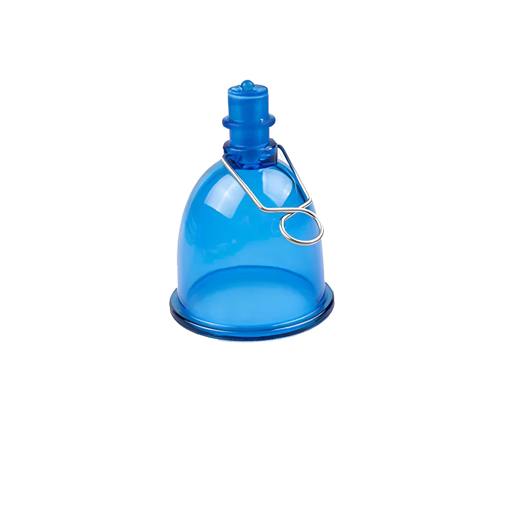 Blue silicone male masturbator cup in small, medium, and large size options.