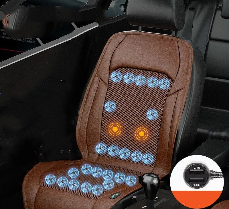 Car seat cushion with ventilation fan system showing multiple colour options and fan configurations
