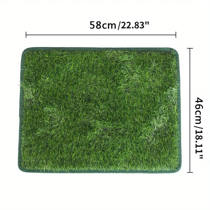 Washable artificial grass pet training mat for dogs and cats on a tiled floor.