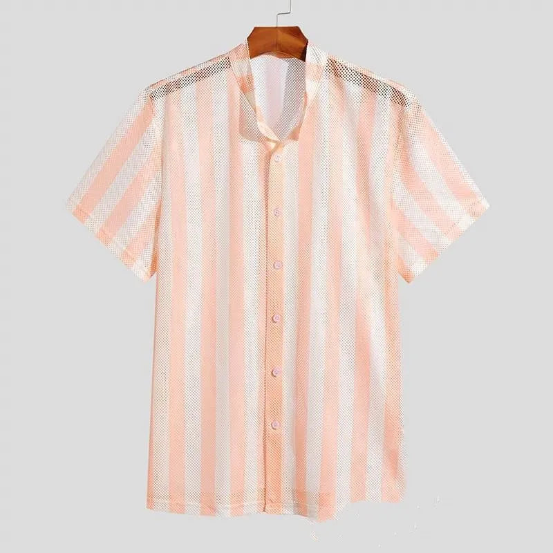 Men's pink waffle-textured short-sleeved cardigan shirt on hanger