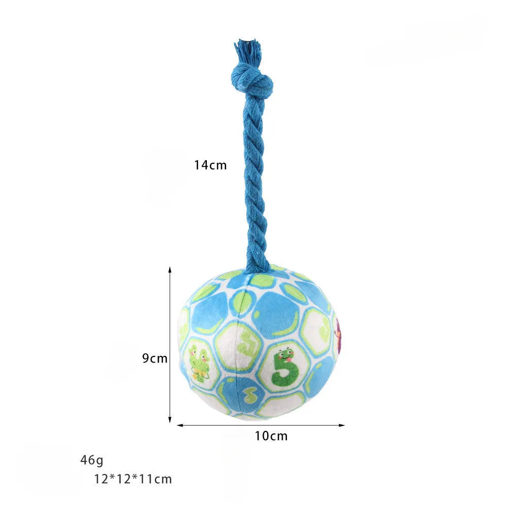 Blue and yellow elastic football dog toy with cotton rope construction for teeth grinding and interactive play