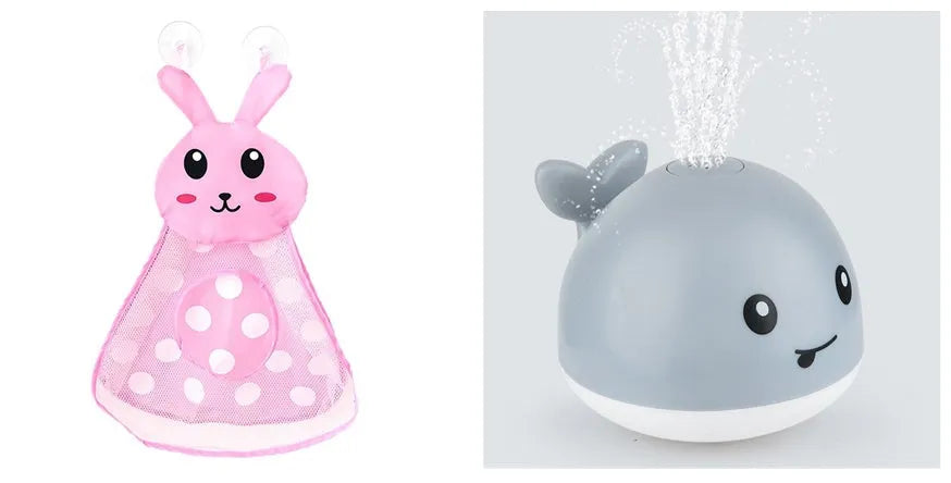 Whale-shaped baby bath toy with automatic water spray and colourful lights floating in water.