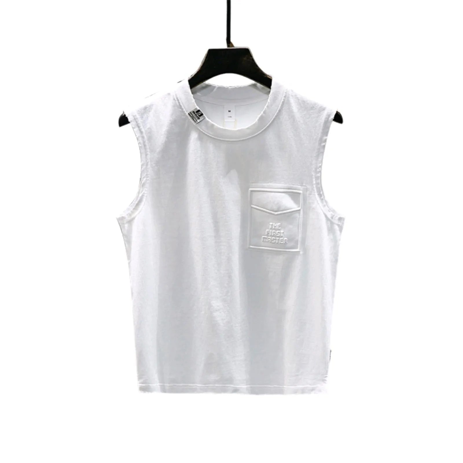 A man's solid black loose-fit cotton sleeveless T-shirt with a straight hem, laid flat.