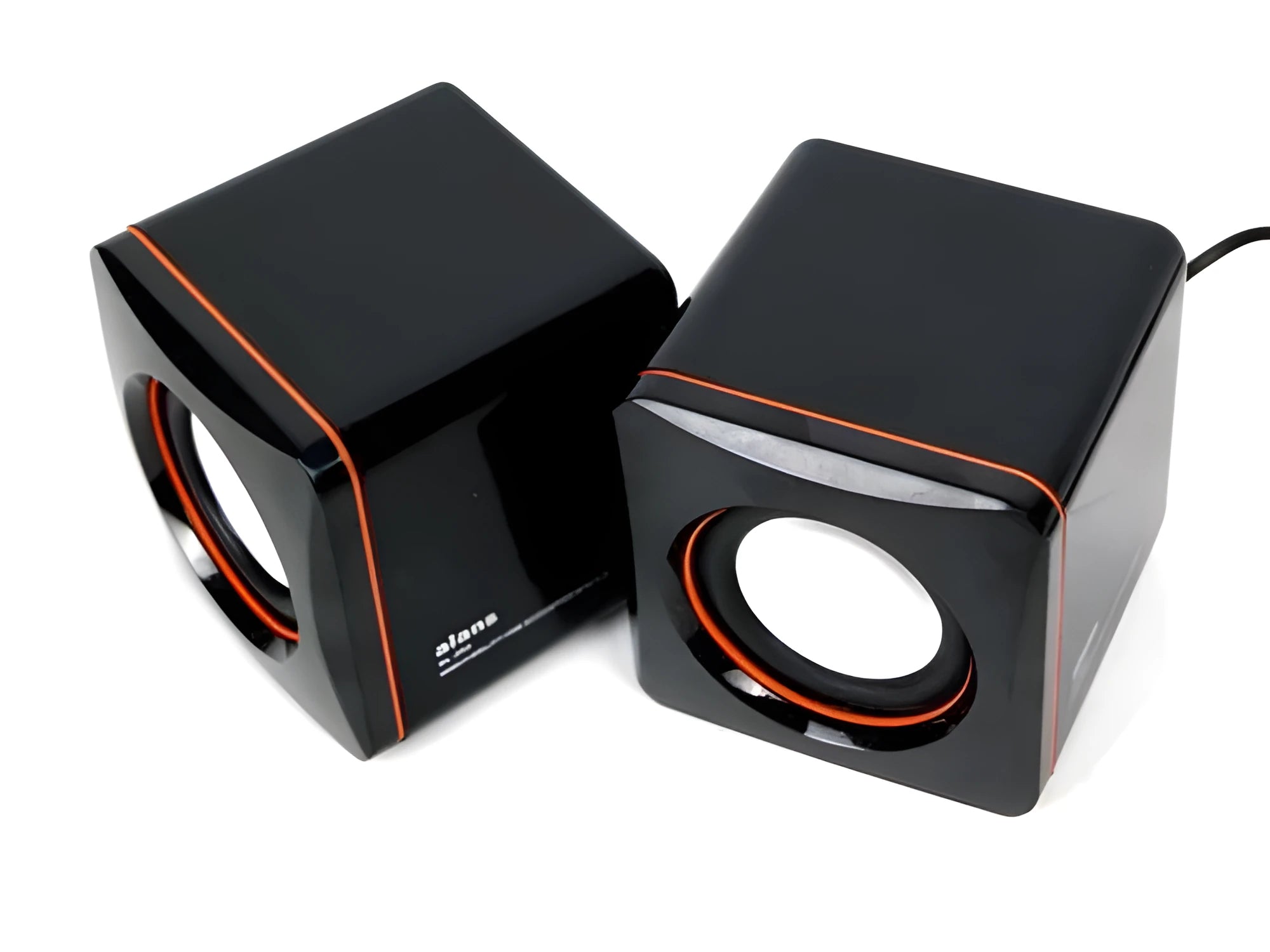 Small black square computer speaker with USB cable for desktop audio