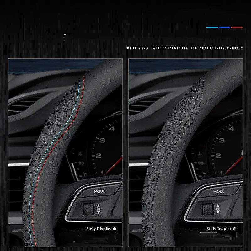 Black leather steering wheel cover with two-colour line detailing showing Napa leather texture and rubber inner ring