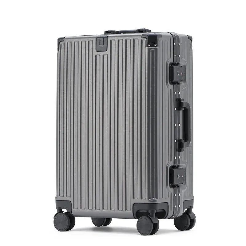 Aluminium frame trolley suitcase with USB port and universal wheels in avocado green colour.