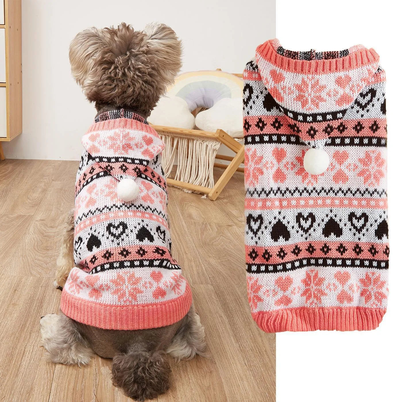 Pink striped camouflage dog sweater with snowflake and heart pattern on a small white dog.