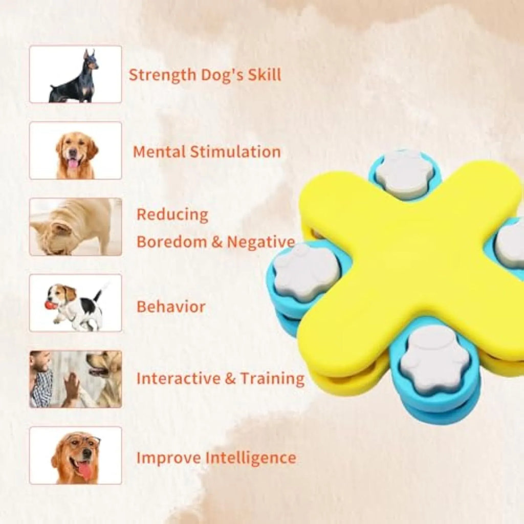 Yellow three-layer rotating dog puzzle feeder toy with claw-shaped lids on a non-slip base.