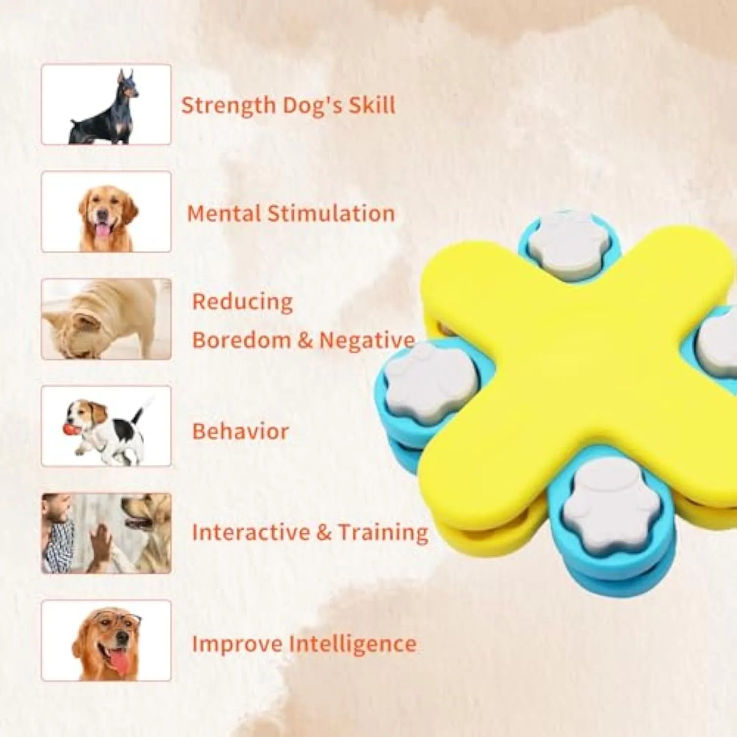 Yellow three-layer rotating dog puzzle feeder toy with claw-shaped lids on a non-slip base.