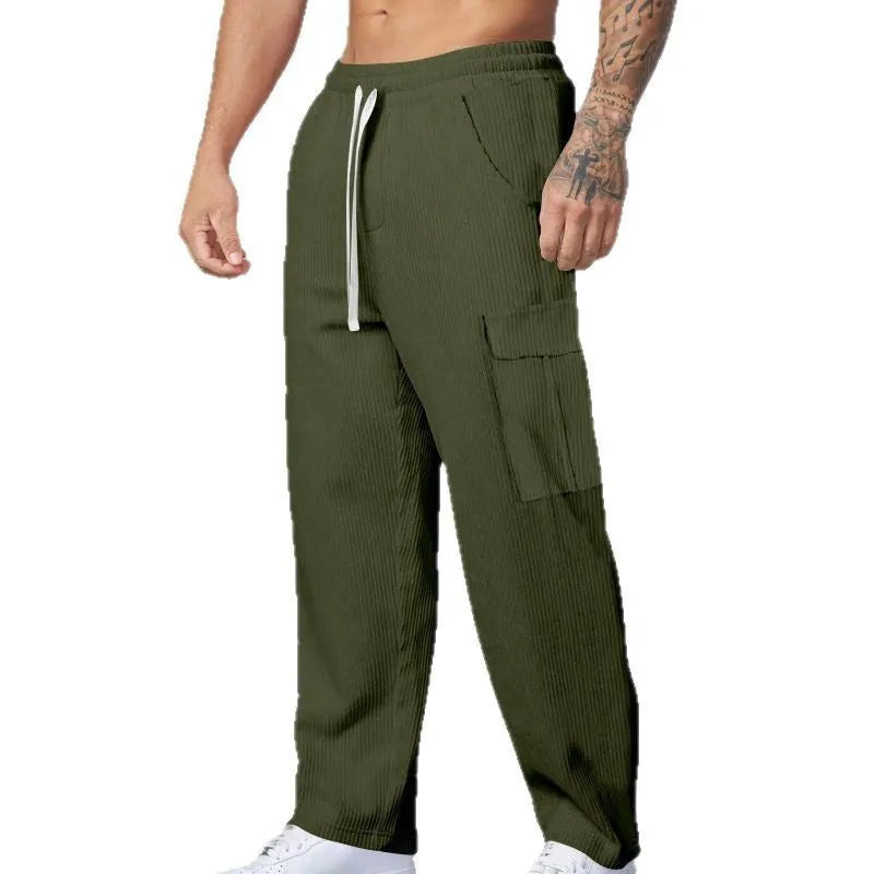 Men's straight-leg corduroy cargo trousers in a loose wide-leg fit with a drawstring waist.