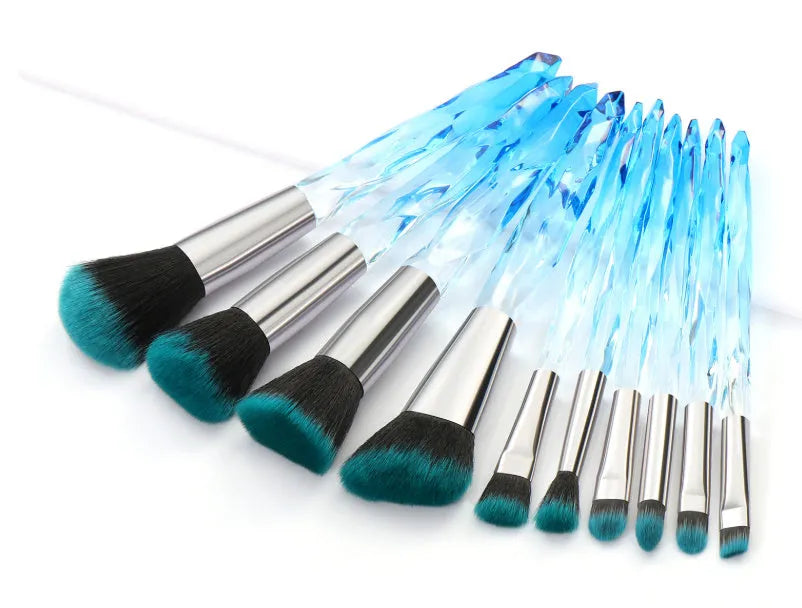 Set of ten crystal-handled foundation brushes with synthetic fibre heads in four colour options
