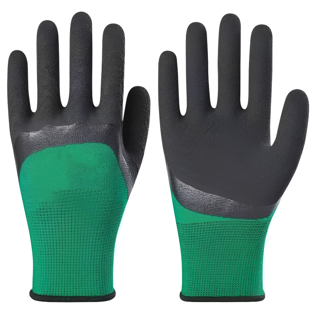 Black and green rubber work gloves showing textured non-slip palm and 13-stitch construction on the back.