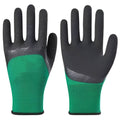 Black and green rubber work gloves showing textured non-slip palm and 13-stitch construction on the back.
