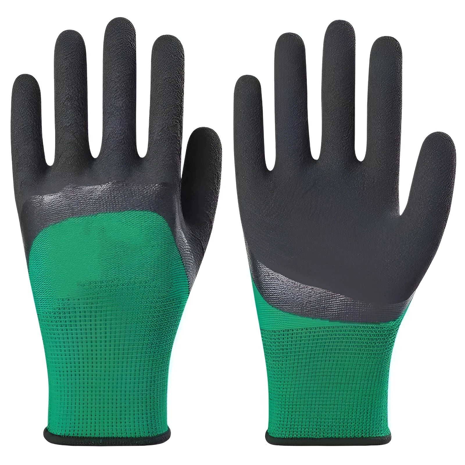 Black and green rubber work gloves showing textured non-slip palm and 13-stitch construction on the back.