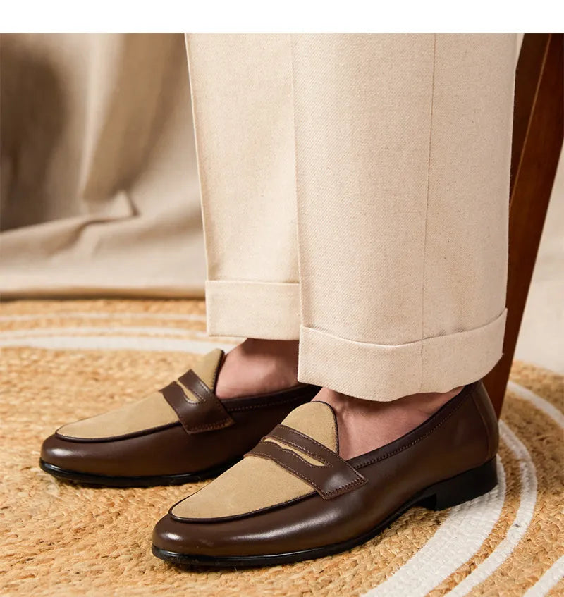 Coffee grey suede leather loafers with slip-on design and rubber sole