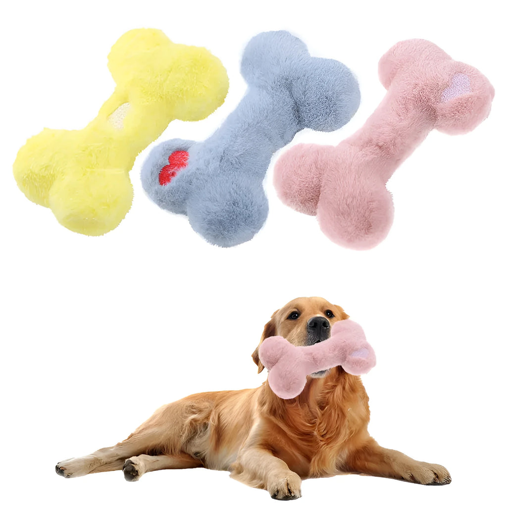 Blue love bone shaped dog plush toy with a squeaker, shown next to pink and yellow colour options.