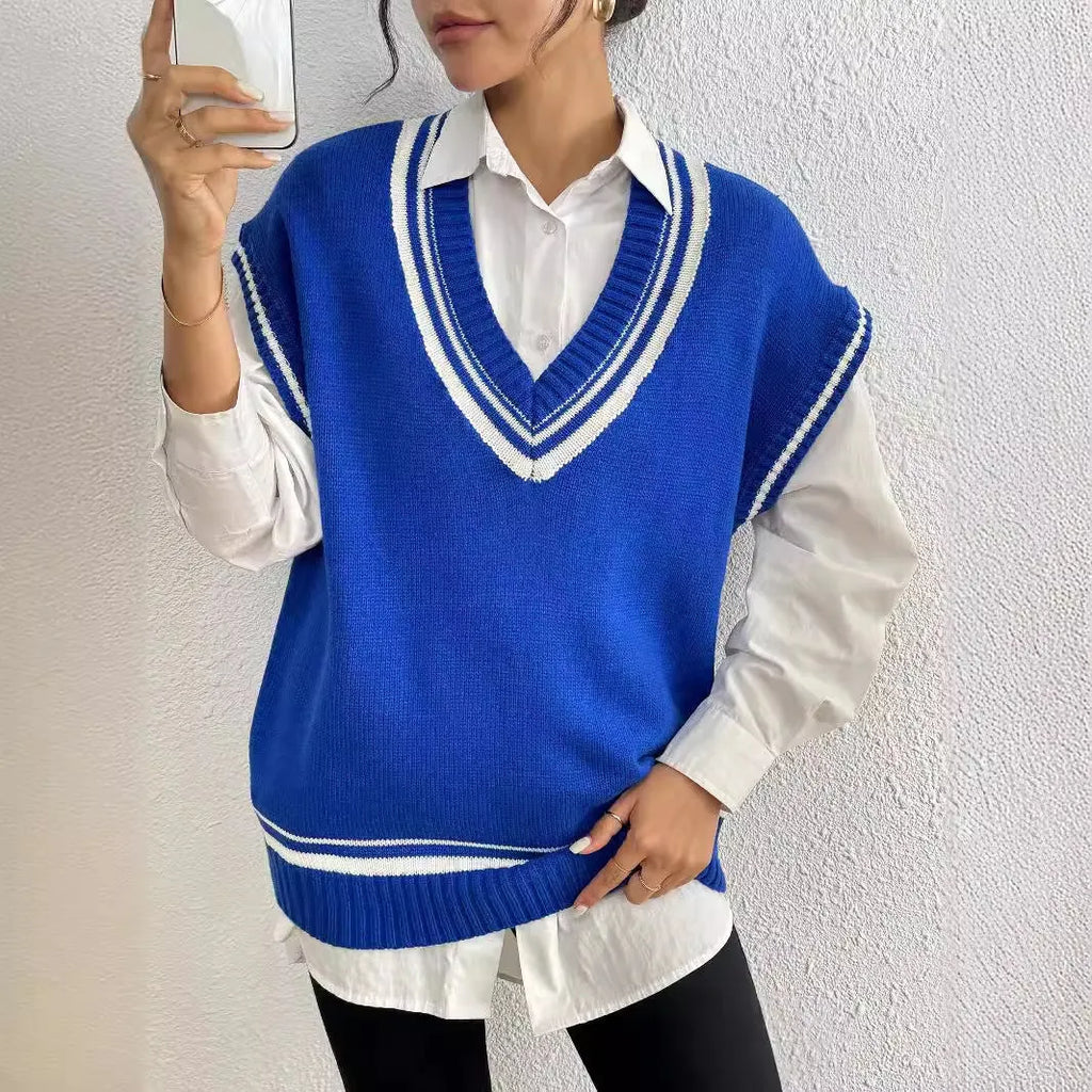 Women's college style wool vest sweater in loose pullover design available in blue coffee black colours
