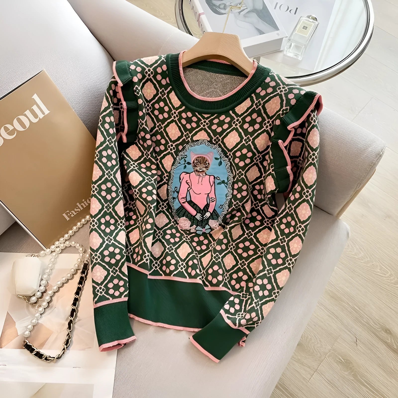 Green women's printed loose fit sweater with botanical pattern and V-neck design