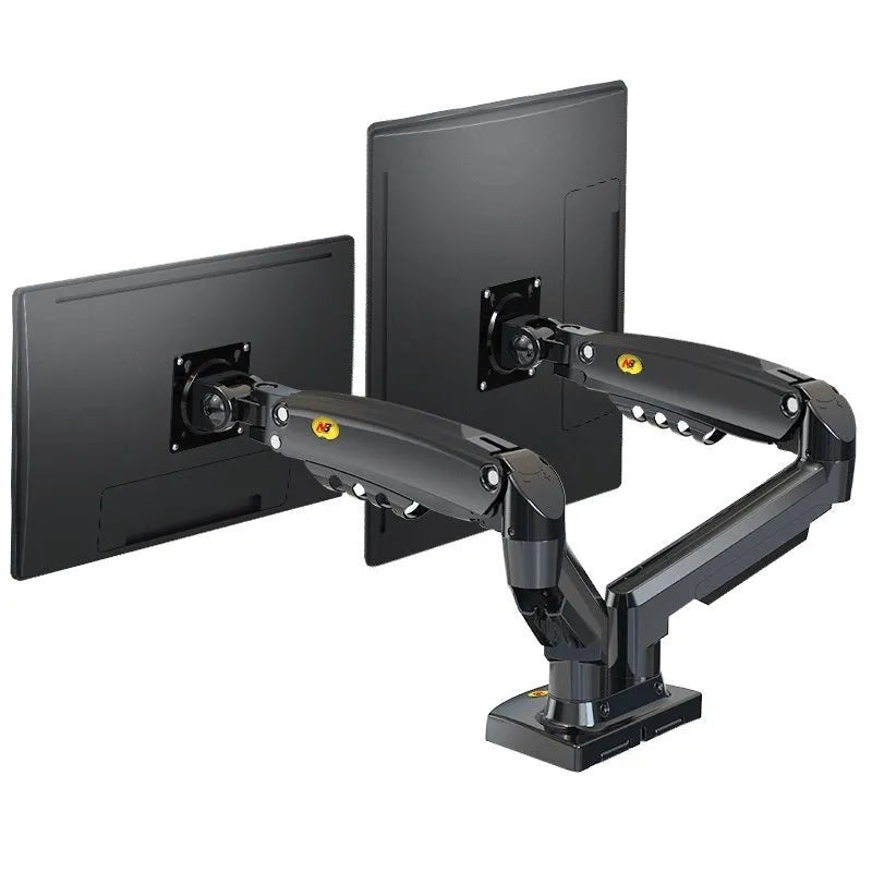 Dual screen monitor bracket with lifting adjustment mechanism showing VESA mounting holes