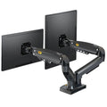 Dual screen monitor bracket with lifting adjustment mechanism showing VESA mounting holes
