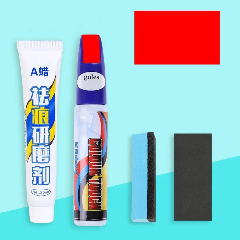 Car touch up paint pen and scratch repair kit four piece set with wax.