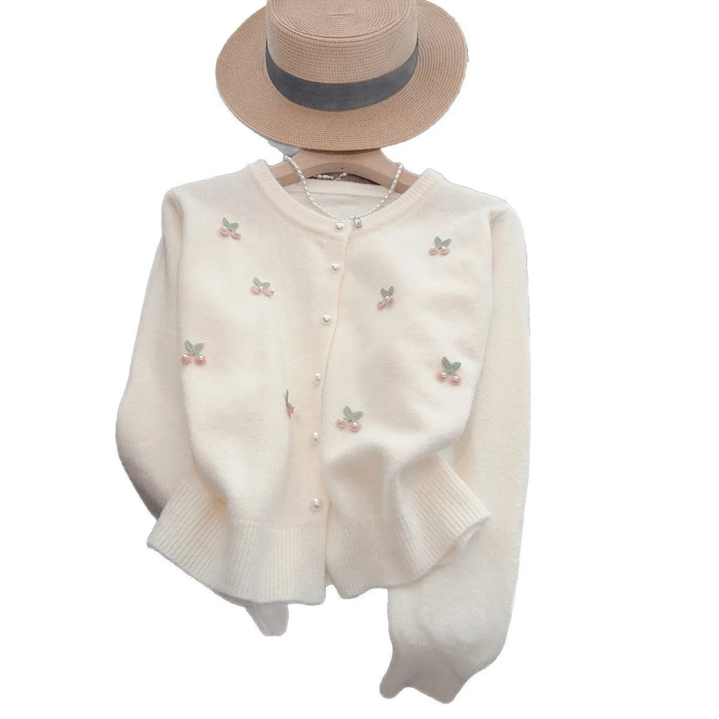 French sweet soft cardigan coat with bead embellishments in blue, pink, red or white colours