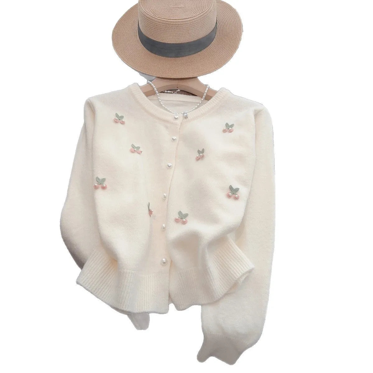 French sweet soft cardigan coat with bead embellishments in blue, pink, red or white colours