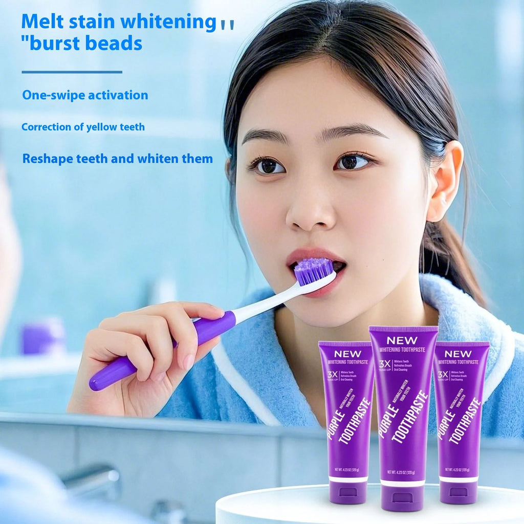 Purple whitening toothpaste tube for adults in 120g and 65g sizes for yellow stain removal.