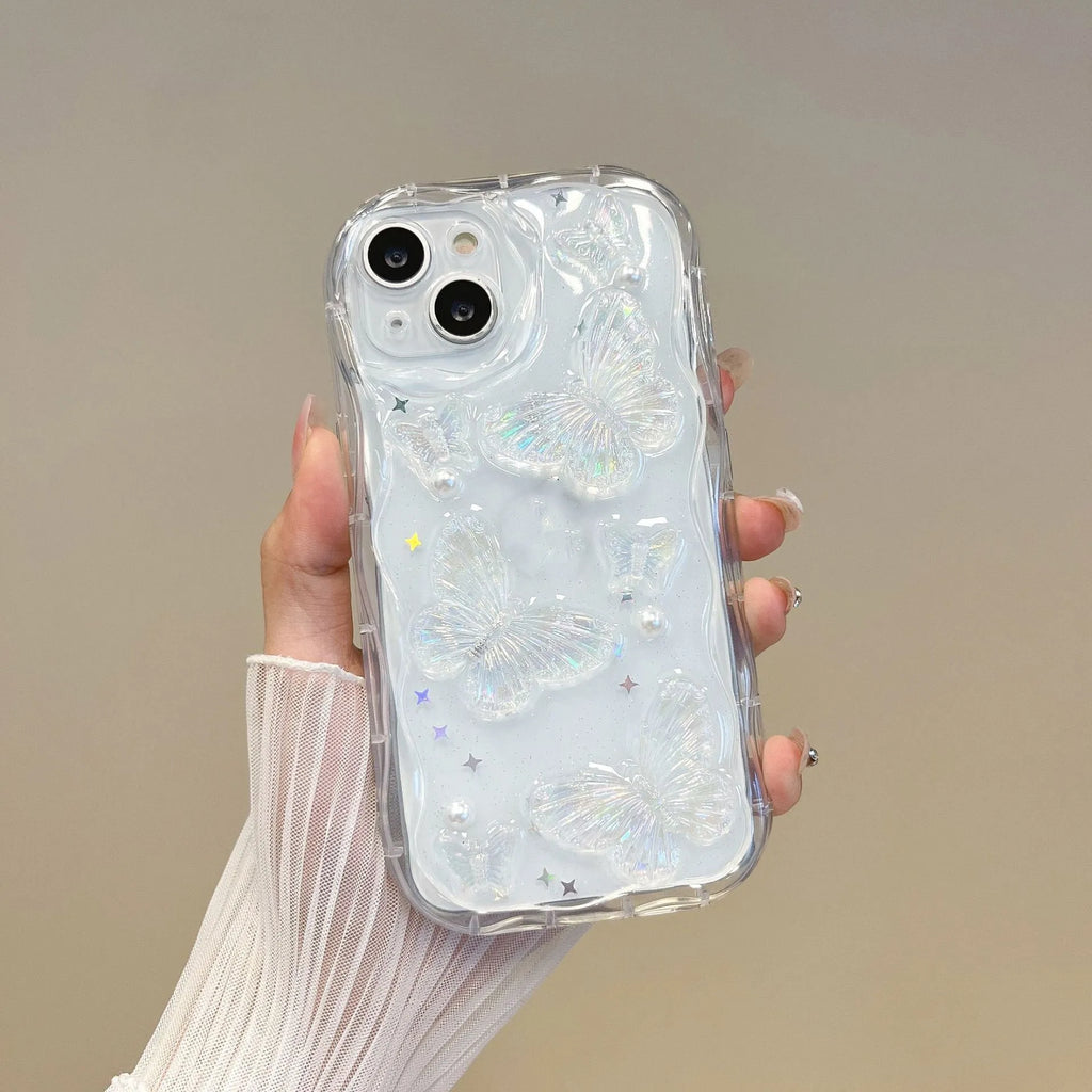 Three-dimensional butterfly phone case in transparent silicone with raised epoxy decoration for iPhone