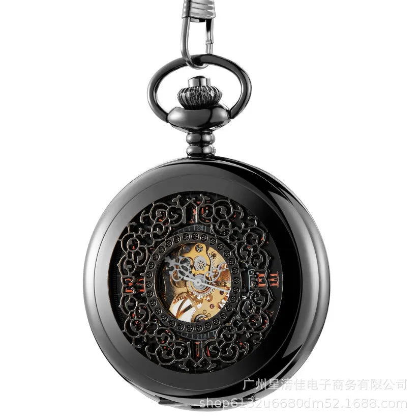 Retro mechanical pocket watch with hollow floral dial and transparent case back in alloy.