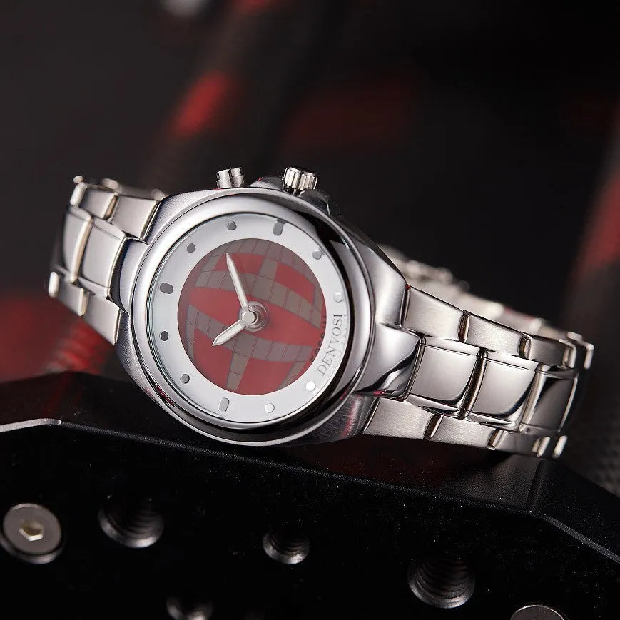 Y2K style men's digital watch with dual display and red face on alloy strap