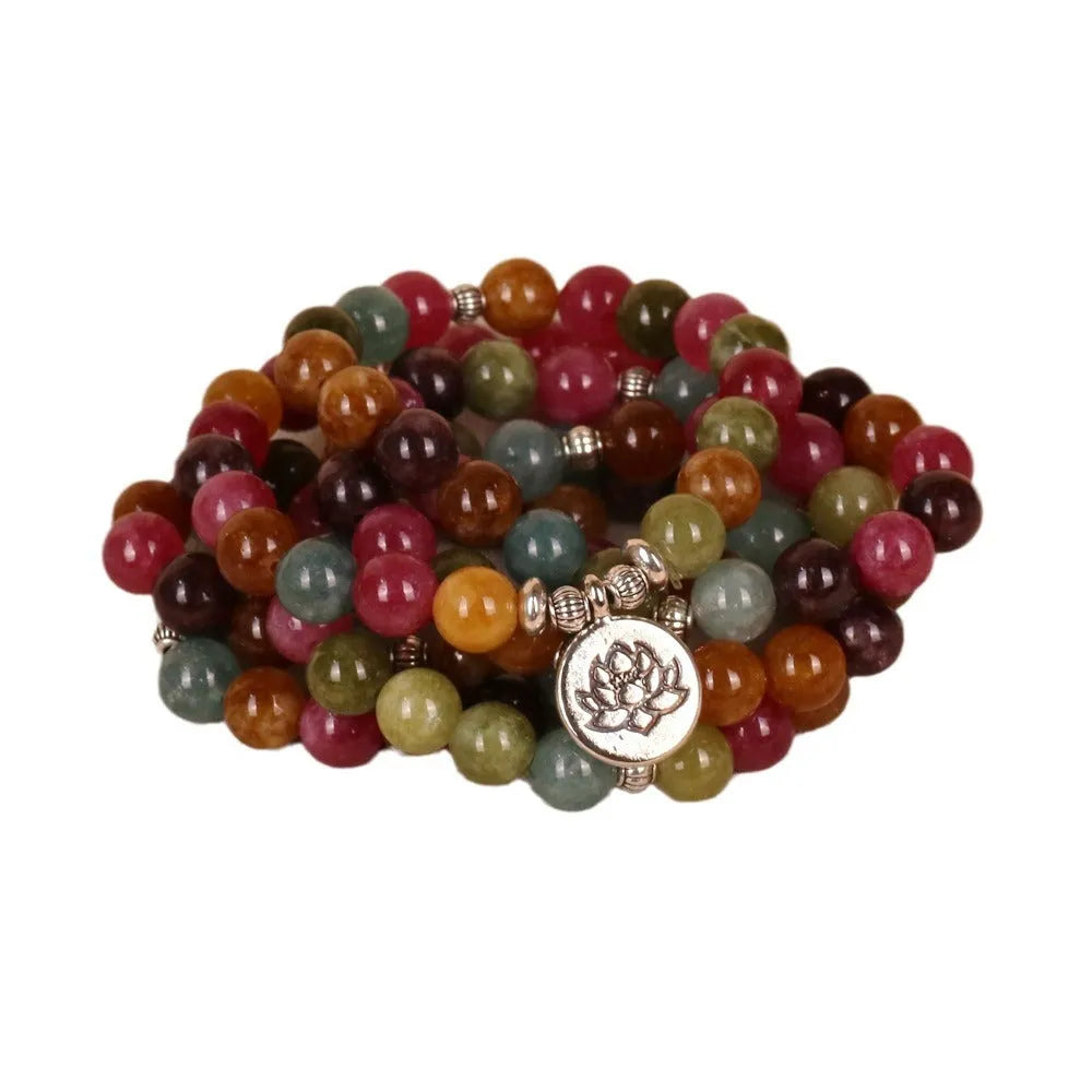 Tourmaline-coloured alloy bracelet with 108 beads and a hanging lotus charm