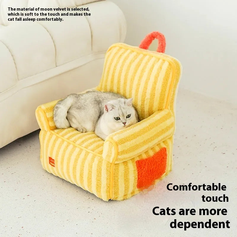 Striped soft velvet pet bed for dogs with removable washable cover in orange, purple, and yellow colours.