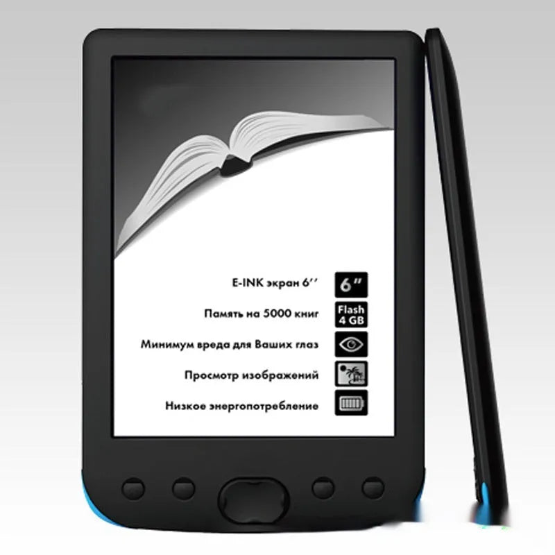 Black 6-inch E-ink e-book reader showing the screen and device from the front.