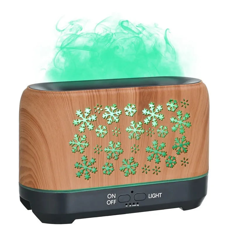 Colourful snowflake pattern wood grain aromatherapy humidifier with flame effect lighting on desktop