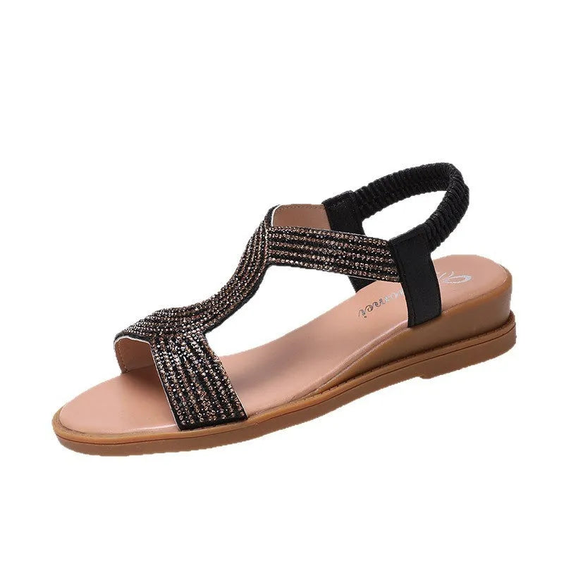 Women's gold beach sandals with rhinestones and round toe, non-slip sole