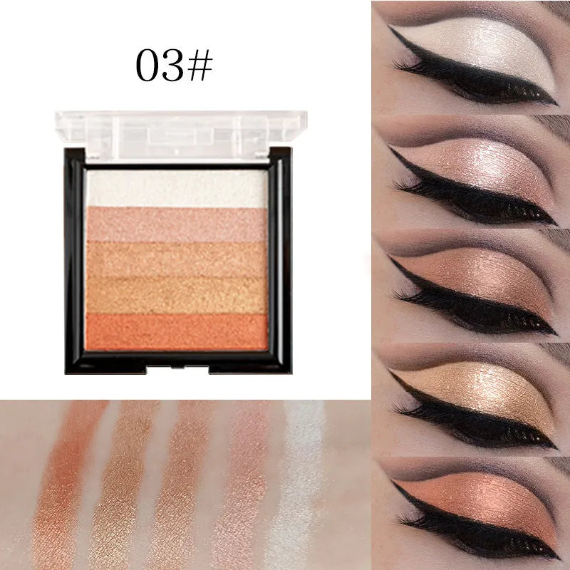 Eye shadow palette compact for highlighting and contouring, showing six colour style options with 12g net content.