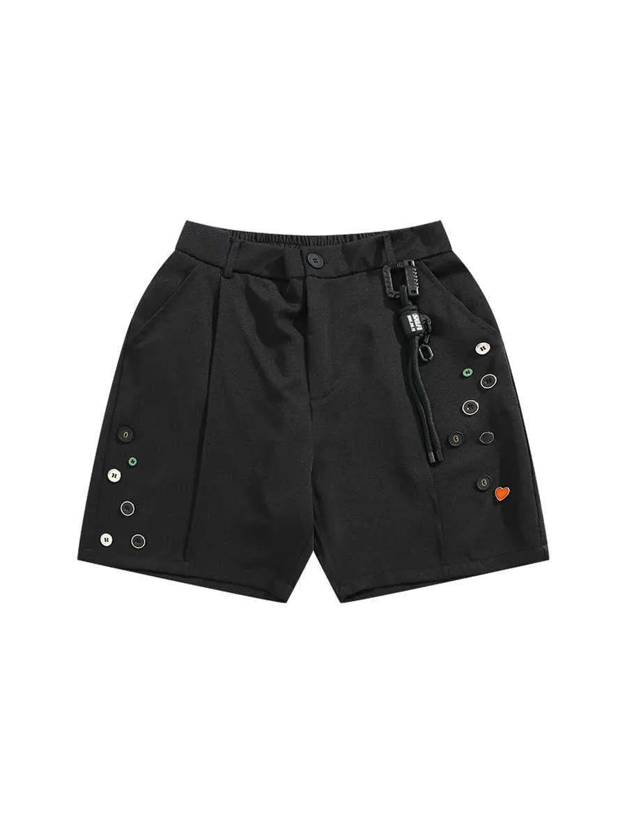 Black men's casual shorts with a semi-elastic waistband, zip fly, and straight-leg loose fit.