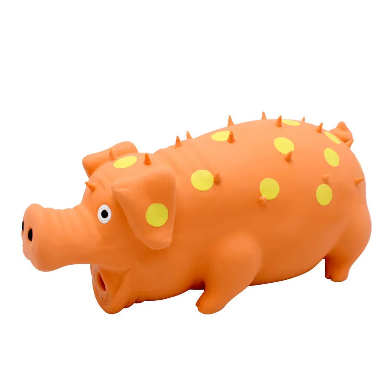 Pig-shaped blue latex dog chew toy with textured surface and squeaker for teeth cleaning
