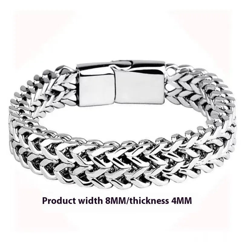 Geometric titanium steel men's bracelet in silver with hip hop styling front and back view