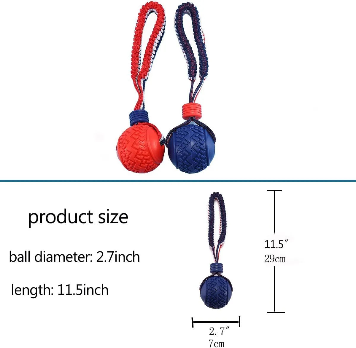 Blue dog ball with rope toy showing textured rubber surface and rope handle for tug-of-war games