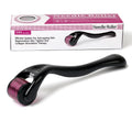 Black and purple derma rollers with titanium microneedles, showing different needle size options from 0.2mm to 1.0mm.