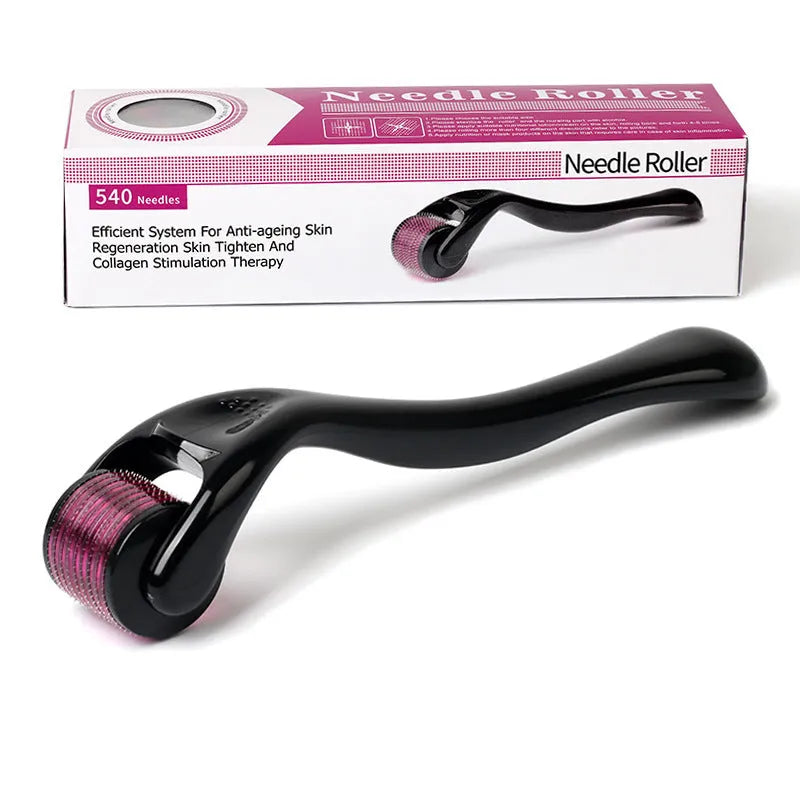 Black and purple derma rollers with titanium microneedles, showing different needle size options from 0.2mm to 1.0mm.