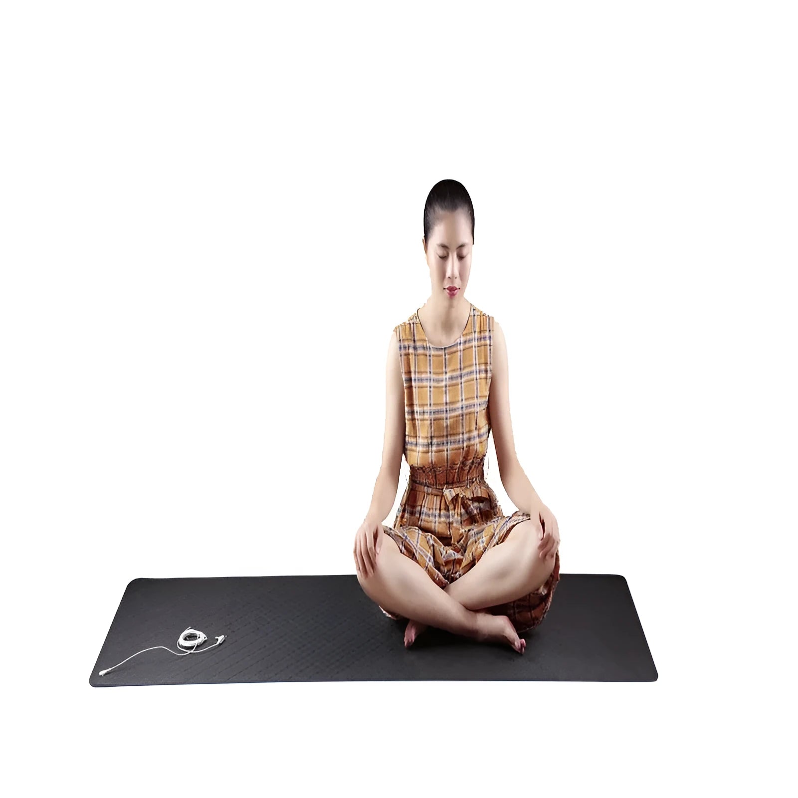 Blue conductive yoga mat with botanical pattern and integrated grounding wire