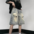 Blue retro tattered denim shorts with wide leg loose fit for women