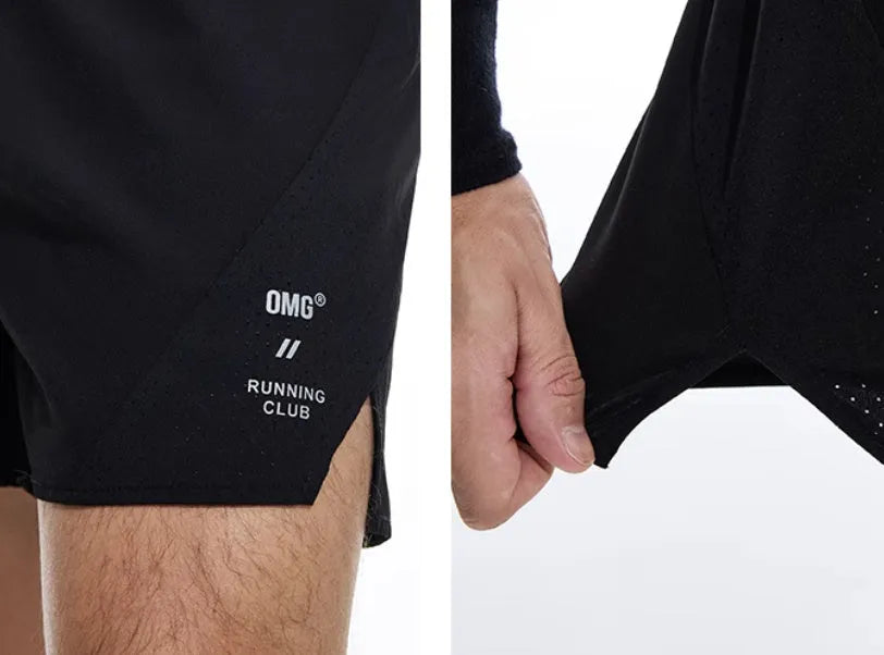 Close-up of black four-point stretch running shorts showing laser stitching detail on spandex fabric.