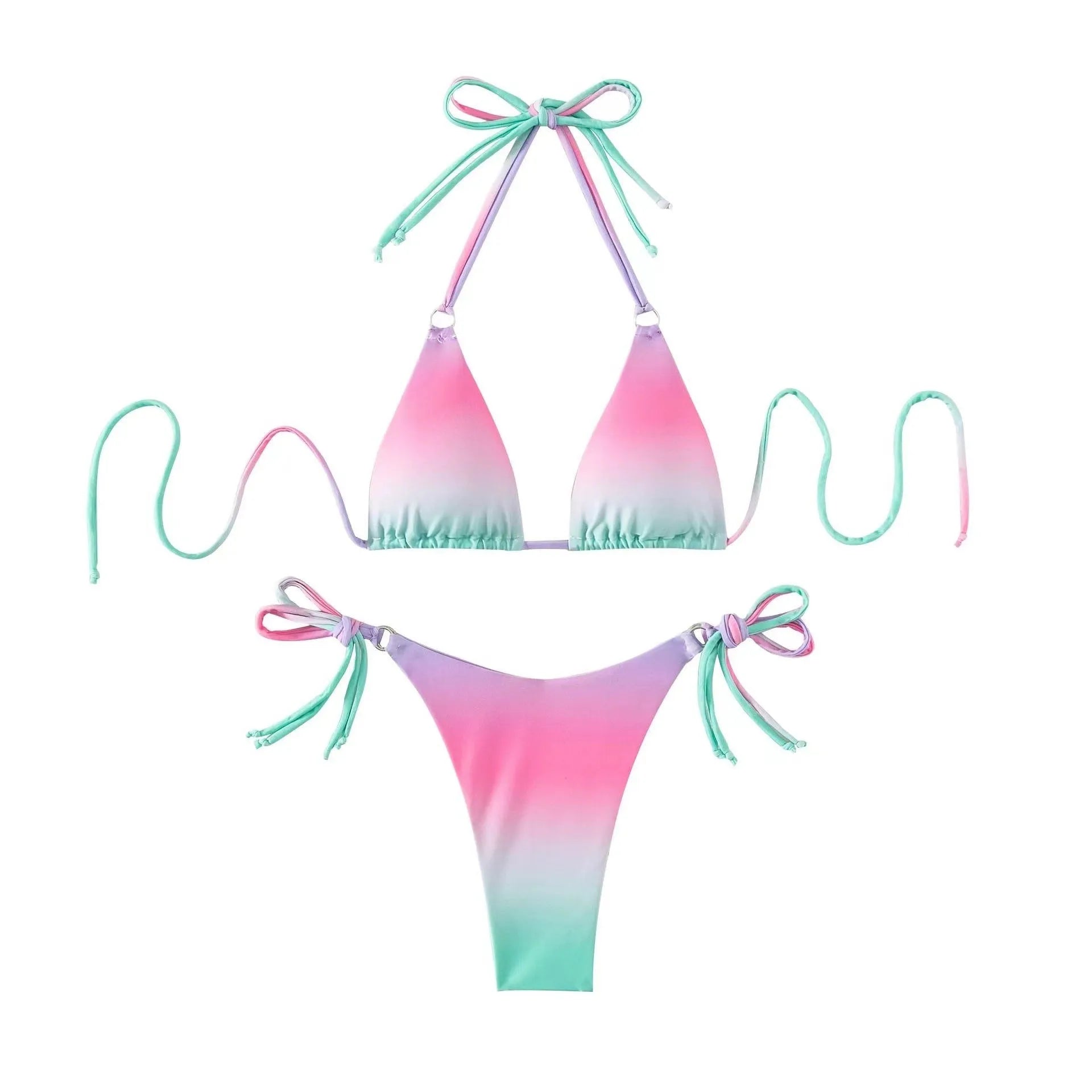Women's gradient colour separated bikini swimwear set with triangle top and briefs