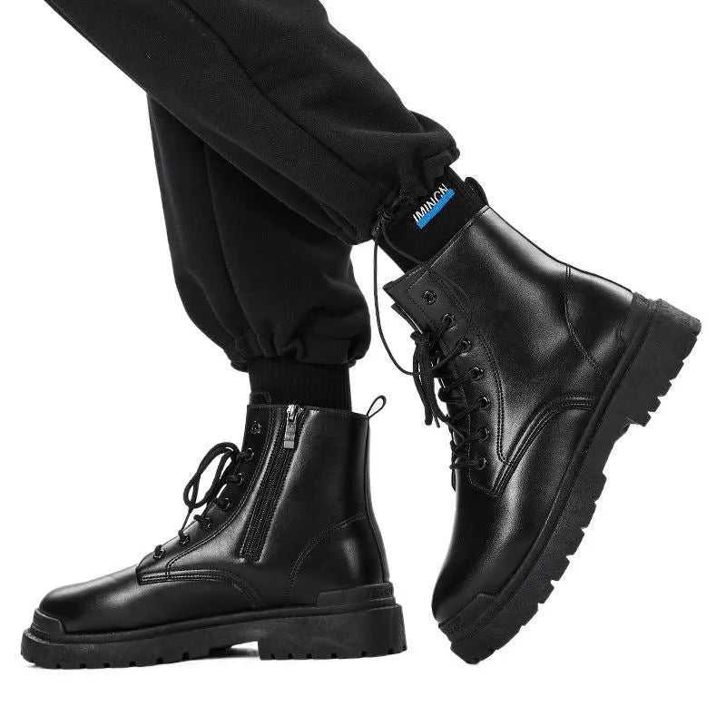 Men's black mid-top waterproof leather boots with rubber soles on size label
