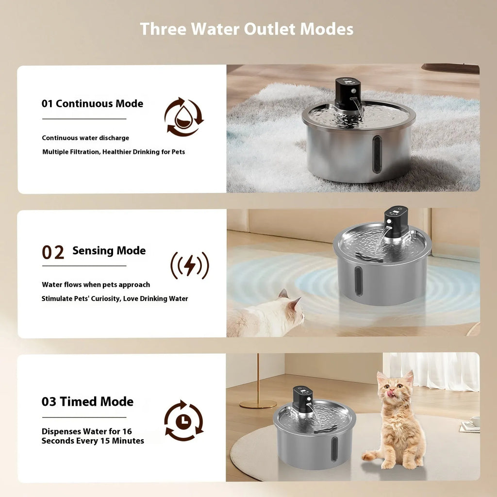 Stainless steel cat water fountain with temperature control base and automatic circulation system